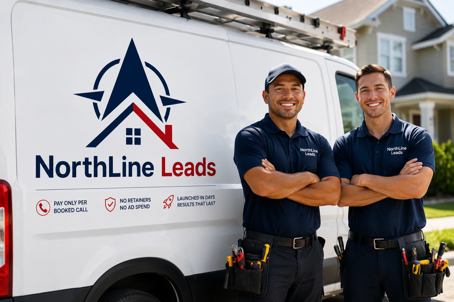 Two NorthLine Leads technicians standing in front of a branded work van
